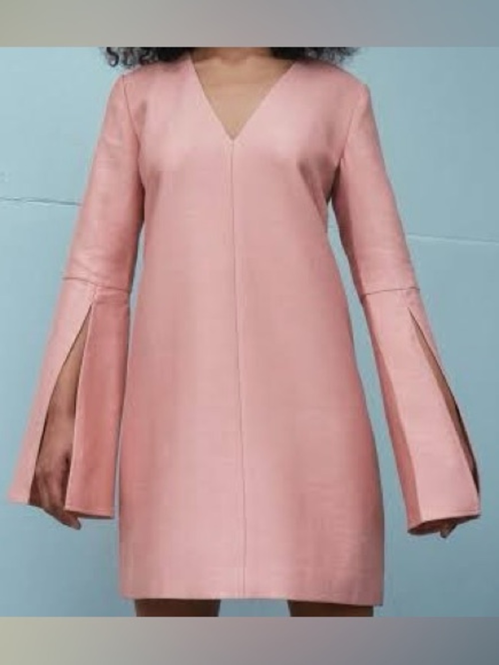 C/MEO Collective x Saint Heron Pink V-Neck Mini Dress with Split Bell Sleeves